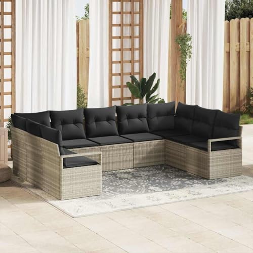 Teenpull Garten-Sofa-Set mit Kissen, Outdoor-Polyrattan, 9-teilig, Hellgrau, Modular mit Stauraum, UV-beständig von Teenpull