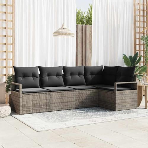 Teenpull Garten-Sofa-Set mit Kissen, modular, Poly-Rattan, Stahlrahmen, 5-teilig, Grau, integriertem Stauraum, wetterfest von Teenpull