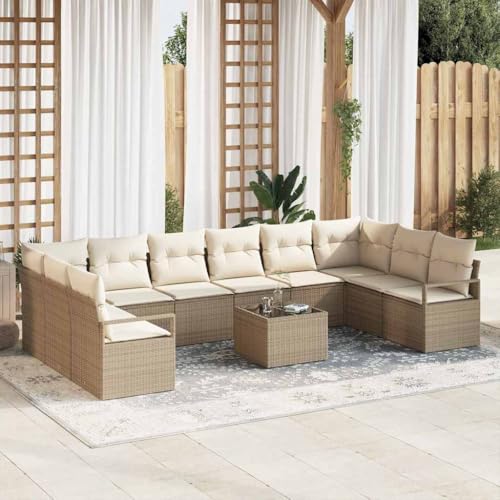 Teenpull Garten-Sofa-Set mit Kissen aus Polyrattan und Stahl, 11-teilig, Beige/Creme, Modulare Outdoor Sitzgruppe mit Stauraum von Teenpull