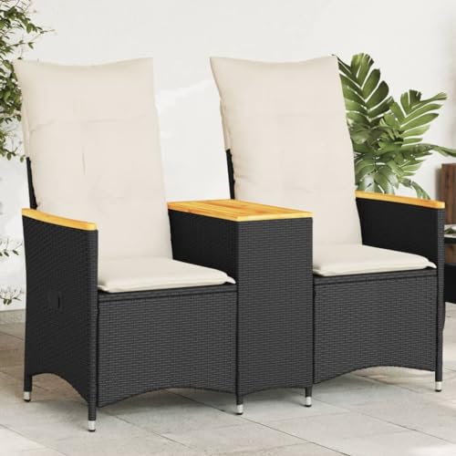 Teenpull Gartensofa 2-Sitzer, verstellbar mit integriertem Tisch, Schwarz, Robustes Poly Rattan für Außenbereiche, Bequeme Sitzgelegenheiten von Teenpull