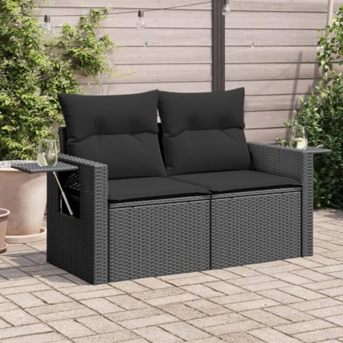 Teenpull Gartensofa mit Kissen 2-Sitzer Schwarz Poly Rattan, Outdoor Balkon Lounge Couch Set mit Stauraum, wasserfestem Beutel und Beistelltisch für Garten von Teenpull