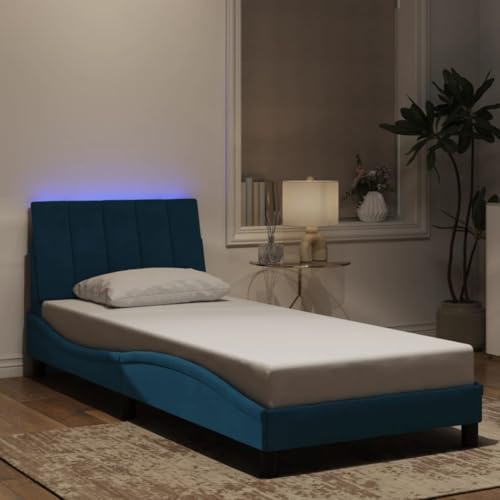 Teenpull Hanko Bettgestell 90x200 cm Blau Samt mit integrierter LED-Beleuchtung, weich gepolstertem Kopfteil, Stabiler Lattenrost für erholsamen Schlaf, modernes Design ohne Matratze von Teenpull