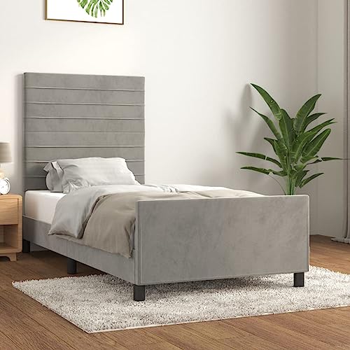 Teenpull Hellgraues Samt Bettgestell ohne Matratze, 100x200 cm Polsterbett mit Höhenverstellbarem Kopfteil, Robuster Bettrahmen aus Holz mit Lattenrost für erholsamen Schlaf im Schlafzimmer von Teenpull