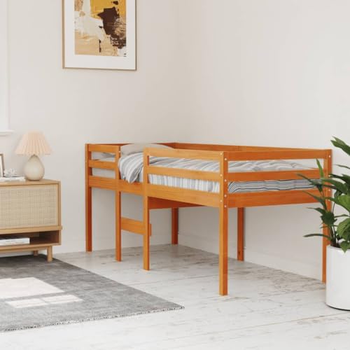 Teenpull Hochbett Wachsbraun 75x190 cm Massivholz Kiefer, platzsparendes Kinderbett mit Leiter und Geländer, Robustes Bettgestell für Jugendzimmer, einfache Montage von Teenpull