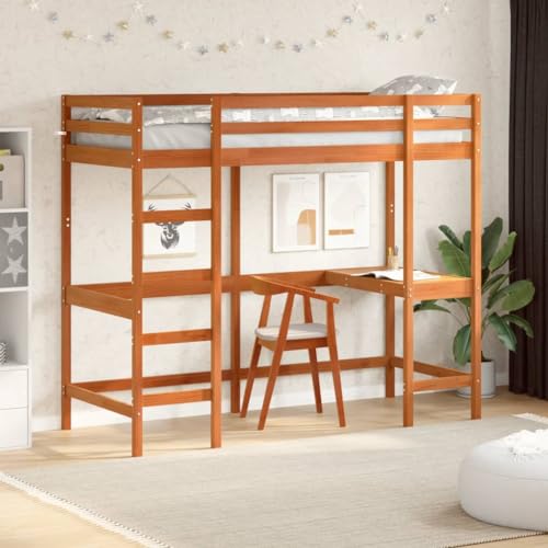 Teenpull Hochbett mit Schreibtisch Massivholz Kiefer Wachsbraun 80x200cm Liegefläche stabiles Bettgestell für Kinder & Jugend platzsparendes Möbel mit integriertem Arbeitsplatz sicheres Bettrahmen von Teenpull