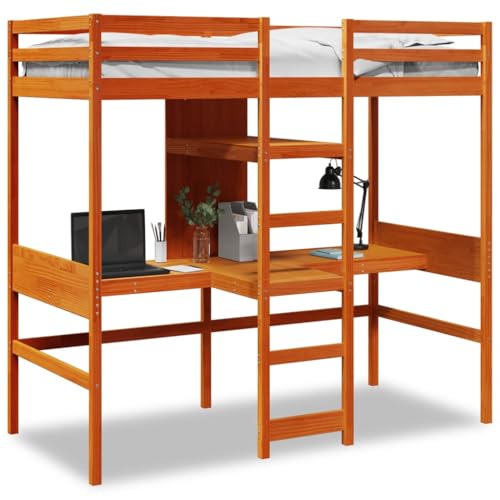 Teenpull Hochbett mit Schreibtisch & Ablagen, 90x200 cm, Kiefernholz Wachsbraun – Platzsparendes Einzelbett für Kinder & Jugendliche mit integriertem Arbeitsplatz von Teenpull