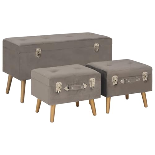 Teenpull Hocker mit Stauraum, 3er-Set in Grau, Samtbezug, ideal als Schuhbank, Organizer für Flur & Wohnzimmer, stabile Holzbeine für maximale Belastbarkeit von Teenpull