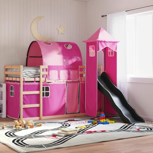 Teenpull Kinder Hochbett aus Massivholz Kiefer 80x200 cm inklusive Rutsche, Rosa Gardinen Set, Sicherer Bettrahmen für Spiel & Schlaf, Funktionales Möbelstück mit Basis (190 Zeichen) von Teenpull
