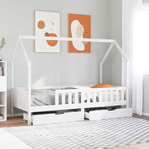 Teenpull Kinderbett Hausbett 80x200 cm Massivholz Kiefer weiß, Robustes Bettgestell mit 2 Schubladen für Kinderzimmer, sichere Schlafplattform, Stauraum Möbelstück für Jungen & Mädchen von Teenpull