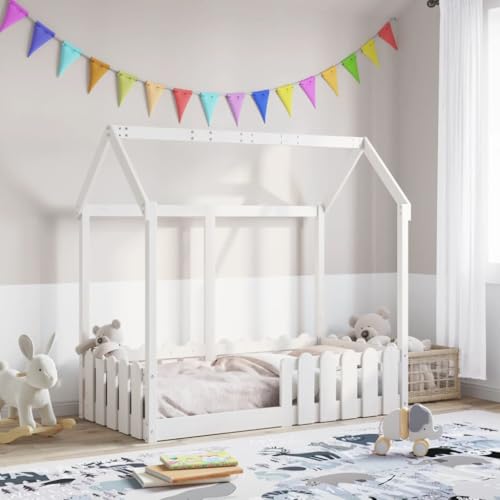 Teenpull Kinderbett Hausbett Weiß 70x140 cm Massivholz Kiefer, Robustes Bettgestell mit Lattenrost für Kinderzimmer, sicheres Bodenbett für Kleinkinder von Teenpull