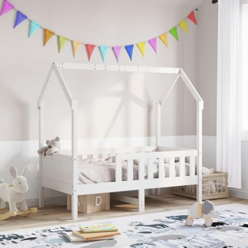 Teenpull Kinderbett Hausbett Weiß 80x160 cm aus Massivholz Kiefer, stabiles Kinderzimmer Bettgestell mit Lattenrost, sichere Schienen, offenes Dach zum Selbermachen von Teenpull