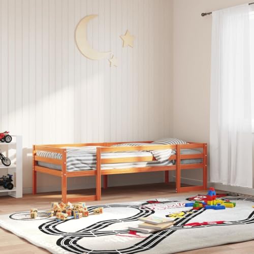 Teenpull Kinderbett Wachsbraun 90x200 cm aus massivem Kiefernholz, stabiles Plattform-Bettgestell mit Rausfallschutz, ideal für Kinderzimmer und erholsamen Schlaf von Teenpull