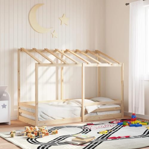 Teenpull Kinderbett mit Dach 90x190 cm, Massivholz Kiefer unbehandelt, natürliches Baumhaus Bettgestell für Kinderzimmer, Robustes Bodenbett mit Lattenrost für optimale Matratzenunterstützung von Teenpull