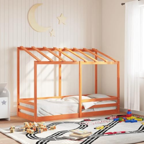 Teenpull Kinderbett mit Dach Wachsbraun 90x190 cm aus Massivholz Kiefer, stabiles Einzelbett für Kinderzimmer, Robustes Spielbett mit Lattenrost, modernes Design von Teenpull