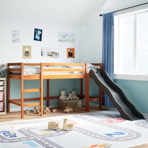 Teenpull Kinderhochbett Massivholz Kiefer 80x200 cm, Wachsbraun Einzel Bed Frame mit Rutsche und Leiter, sicherem Rausfallschutz, platzsparendes bedframe Furniture Platform Base für Kinderzimmer von Teenpull