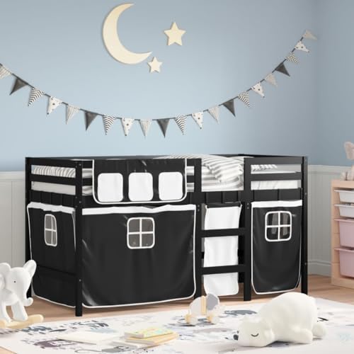 Teenpull Kinderhochbett Massivholz Kiefer Weiß Schwarz, Einzelbett mit Vorhängen, Absturzsicherung & Leiter, Jugendbett für Spiel & Schlaf, 80x200cm Matratze von Teenpull