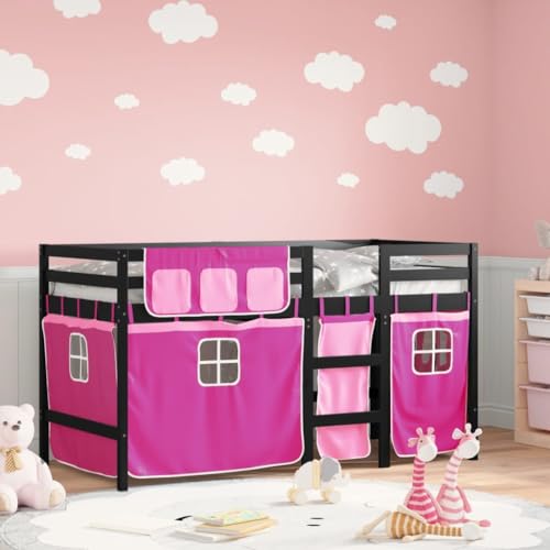Teenpull Kinderhochbett aus massivem Kiefernholz mit Rosa Vorhängen, 90x200 cm, für sicheres Spielen & optimierten Raum im Kinderzimmer, inklusive Leiter & Rausfallschutz, Max. 80kg Belastbarkeit. von Teenpull