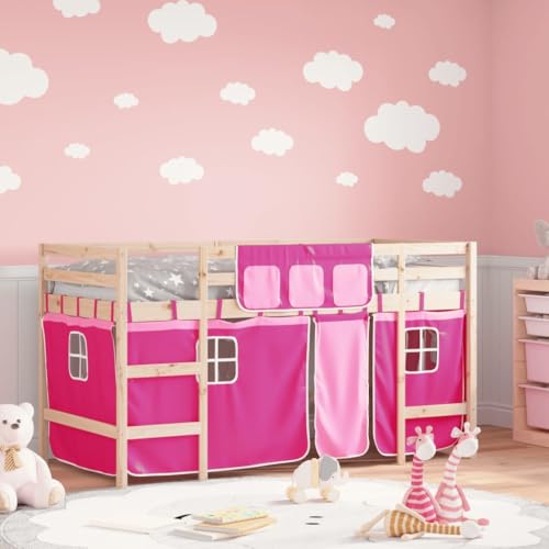 Teenpull Kinderhochbett aus massivem Kiefernholz mit Vorhängen in Rosa, 80x200 cm, Einzelbett für Kinderzimmer, sicherer Schlafplatz mit Leiter von Teenpull