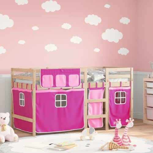 Teenpull Kinderhochbett aus unbehandeltem Kiefer Massivholz 80x200 cm mit Rausfallschutz und Rosa Vorhängen, inklusive Leiter für Mädchen von Teenpull
