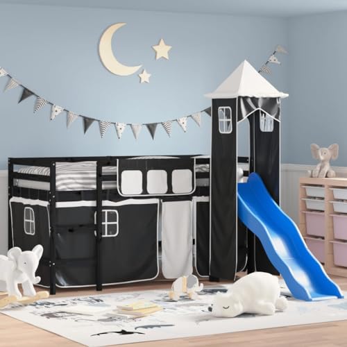 Teenpull Kinderhochbett mit Rutsche und Spielturm, 90x190 cm Liegefläche, aus massivem Kiefernholz Weiß & Schwarz, sicheres Bettgestell für Kinderzimmer, platzsparende Möbel für Jungen und Mädchen. von Teenpull