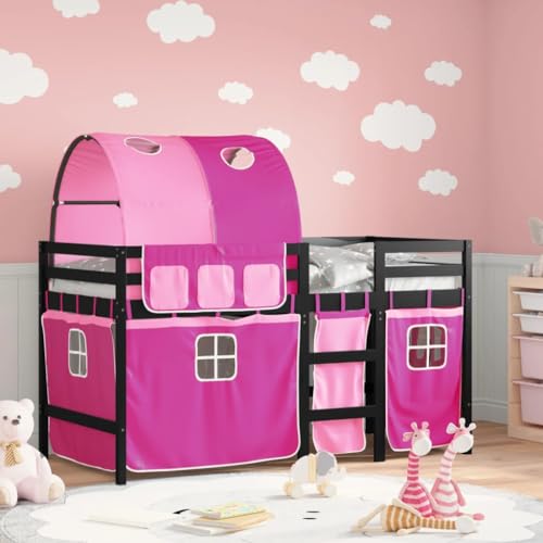Teenpull Kinderhochbett mit Tunnel, Rosa, 90x190 cm Massivholz Kiefer, stabiles Spielbett für Mädchen, sichere Raumausnutzung mit Rausfallschutz und Leiter von Teenpull