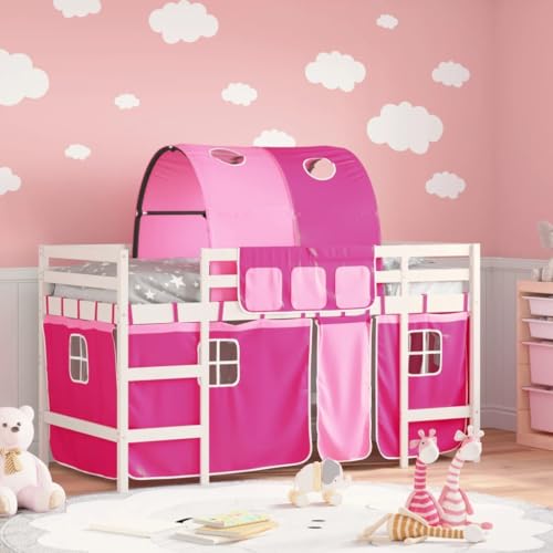 Teenpull Kinderhochbett mit Tunnel Rosa, 80x200 cm Einzelbett, Massivholz Kiefer Rahmen, sicheres Spielbett für Kinderzimmer, stabiles bedframe Möbel mit Leiter und Rausfallschutz von Teenpull