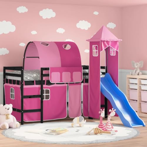Teenpull Kinderhochbett mit Turm Rosa 90x190 cm aus massivem Kiefernholz, inklusive Rutsche und Vorhang-Set für Mädchen, ideal für Spielzimmer von Teenpull