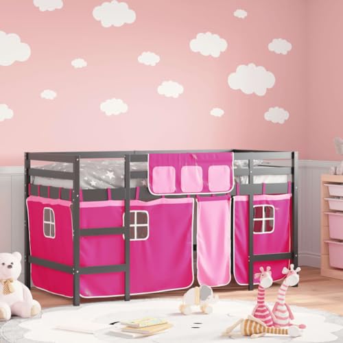 Teenpull Kinderhochbett mit Vorhängen Rosa 90x200 cm, Massivholz Kiefer, mit Leiter und Rausfallschutz, sicherer Schlafplatz für Kinder von Teenpull