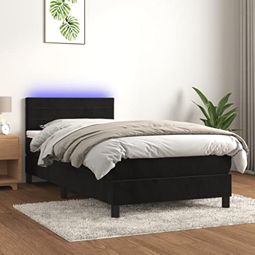 Teenpull Komplettes Boxspringbett mit Matratze, LED-Beleuchtung & verstellbarem Kopfteil, Elegantes Samt-Polsterbett Schwarz 90x200 cm, stabiles Bettrahmen Möbel Set für erholsamen Schlaf von Teenpull