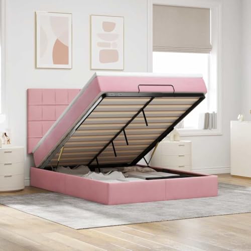 Teenpull Luxuriöses Ottoman-Bett mit integrierter Matratze, LED-Beleuchtung & großem Stauraum, 140x200 cm, Samt in Rosa – Ideal für Schlafzimmer von Teenpull