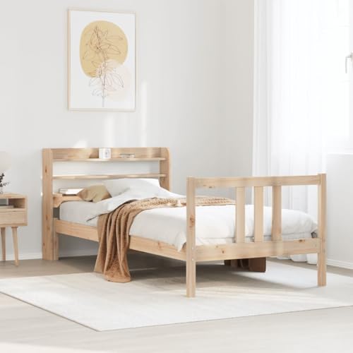 Teenpull Massives Kiefernholz Bettgestell mit Kopfteil, 75x190 cm Holz Lattenrost Plattform Bettrahmen, unbehandeltes Schlafzimmer Möbel für erholsamen Schlaf, mit praktischem Stauraum von Teenpull
