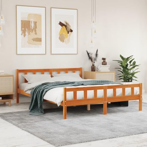 Teenpull Massivholz Bettgestell 150x200 cm, Wachsbraun Kiefernholz Bettrahmen mit Kopfteil, Robustes Plattform Design für Schlafzimmer Möbel, langlebiges Holz Frame für erholsamen Schlaf von Teenpull