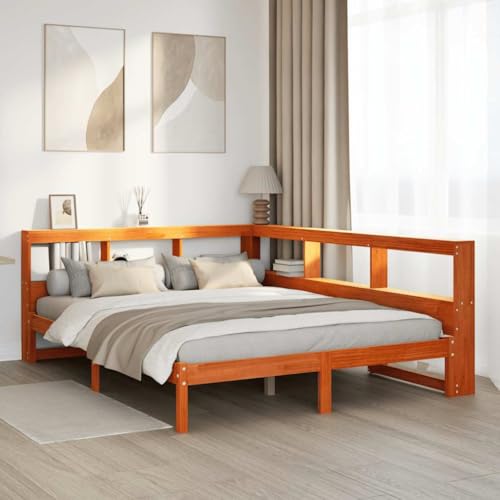 Teenpull Massivholz Bettgestell Kiefernholz, 150x200 cm, Wachsbraun mit integriertem Kopfteil Regal, platzsparendes L-Design für Schlafzimmer von Teenpull