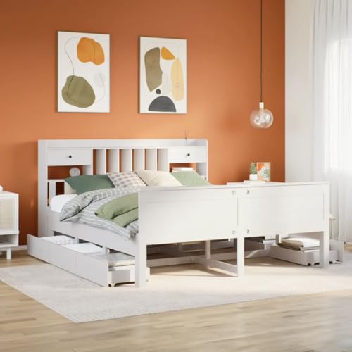 Teenpull Massivholz Bettrahmen Kiefer Weiß 180x200 cm, Bett mit Stauraum Kopfteil Regal, Lattenrost Basis und 6 Schubladen für Schlafzimmer Möbel, langlebiges Plattform Bett ohne Matratze. von Teenpull