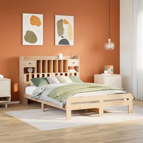 Teenpull Massivholz Bettrahmen Kiefernholz 160x200 cm mit integriertem Regal Kopfteil, robuste Plattform Möbel ohne Matratze für Schlafzimmer, stabiles Design mit Stauraumfunktion von Teenpull