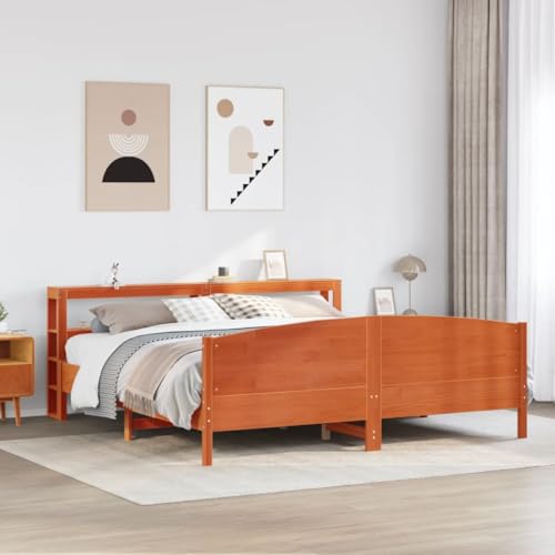 Teenpull Massivholz Doppelbett ohne Matratze, Wachsbraun, 200x200 cm Kiefernholz Rahmen mit Kopfteil & integrierten Ablagen, stabiles Bettgestell mit Lattenrost für Schlafzimmer Möbel von Teenpull