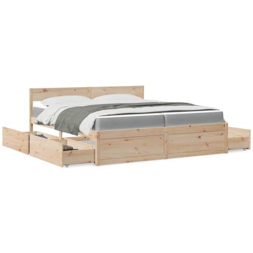 Teenpull Massivholz Kiefer Bett mit 4 Schubladen und Matratze, 200x200 cm Schlafzimmer Möbel Set, Atmungsaktiv, mit Taschenfederkernmatratze für Optimalen Schlafkomfort von Teenpull