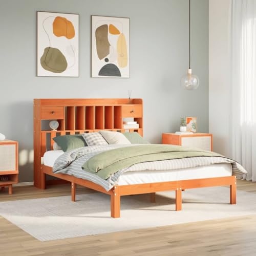 Teenpull Massivholz Kiefer Bettgestell 140x190 cm, Wachsbraun, mit Kopfteil Regal Stauraum, Robustes Plattform Design als Schlafzimmer Möbel, ohne Matratze von Teenpull