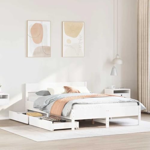 Teenpull Massivholzbett 150x200 cm Weiß aus massivem Kiefernholz, stabiles Bettgestell mit Kopfteil und 2 Schubladen, robuster Plattform Bettrahmen für Schlafzimmer Möbel, ohne Matratze von Teenpull