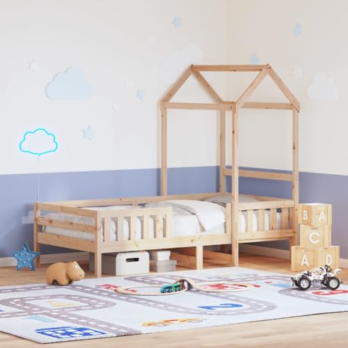 Teenpull Massivholzbett 90x190 cm mit Dach aus unbehandeltem Kiefernholz, modernes Kinder Bettgestell, stabiles Plattform Bettrahmen für Jungen & Mädchen im Schlafzimmer, Möbel Basis von Teenpull