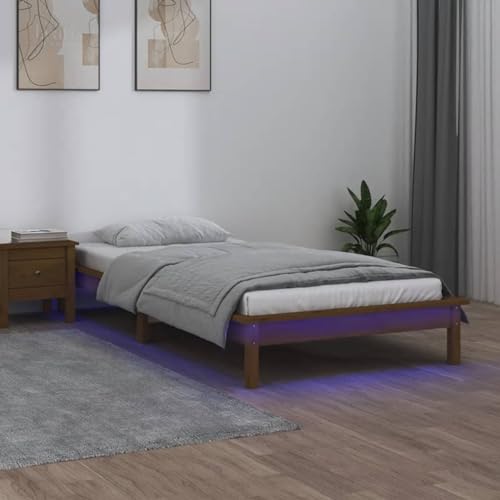 Teenpull Massivholzbett Honigbraun 75x190 cm, Kiefernholz Bettrahmen mit integrierten RGB LED-Leuchten, stabiles Plattform Bett Unterbau für 75x190 cm Matratze, modernes Schlafzimmer Möbel von Teenpull