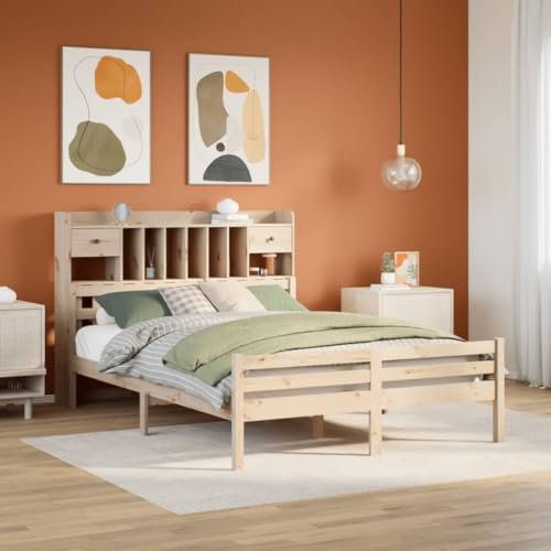 Teenpull Massivholzbett Kiefer unbehandelt 140x200 cm, Bettrahmen mit integriertem Bücherregal, stabiles Bettgestell mit Lattenrost, platzsparendes Schlafzimmer Möbel ohne Matratze von Teenpull