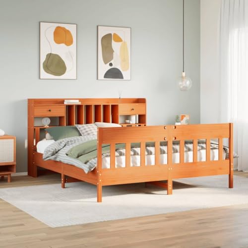Teenpull Massivholzbett Kiefernholz 200x200 cm, Wachsbrauner Bett Rahmen mit Kopfteil, integrierter Plattform Matratzenbasis, Möbel mit Stauraum & 2 Schubladen für Schlafzimmer Komfort von Teenpull