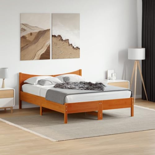 Teenpull Massivholzbett Rahmen ohne Matratze, Wachsbraun Kiefernholz Möbel für Schlafzimmer, 140x200 cm Plattform Bett mit robustem Kopfteil und Lattenrost für hohe Belastbarkeit von Teenpull