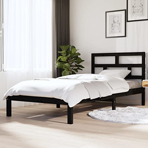 Teenpull Massivholzbett Schwarz Kiefer 100x200 cm, Stabiler Einzelbettrahmen mit Kopfteil, Modernes Design Plattform Bettgestell, Robustes Schlafzimmer Möbel aus Kiefernholz für Matratzen von Teenpull