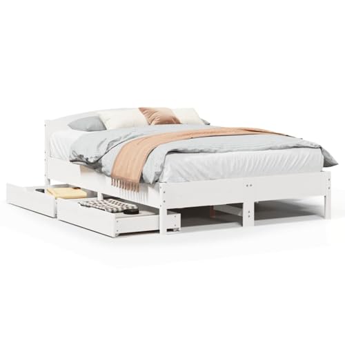 Teenpull Massivholzbett Weiß 140x200 cm, Kiefernholz Bettrahmen mit Kopfteil, inkl. 2 Schubladen für Schlafzimmer Stauraum, robust & langlebiges Design von Teenpull