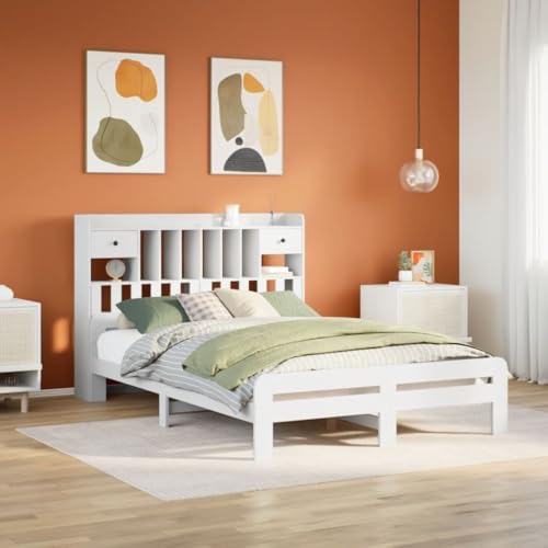 Teenpull Massivholzbett Weiß 140x200 cm aus Kiefernholz, Stabiler Bettrahmen mit integriertem Regal Kopfteil, Lattenrost Plattform Bett für Schlafzimmer, ohne Matratze für erholsamen Schlaf von Teenpull