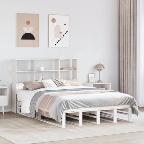 Teenpull Massivholzbett Weiß 160x200 cm, Kiefernholz Bettgestell mit Lattenrost, Kopfteil Regal Stauraum, Schlafzimmer Möbel Set von Teenpull