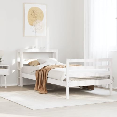 Teenpull Massivholzbett Weiß 90x200 cm, Kiefernholz Bettrahmen mit Kopfteil Ablagen, Sperrholzlatten, Stabil, Modernes Schlafzimmer Möbel, Kein Matratzen-Set von Teenpull