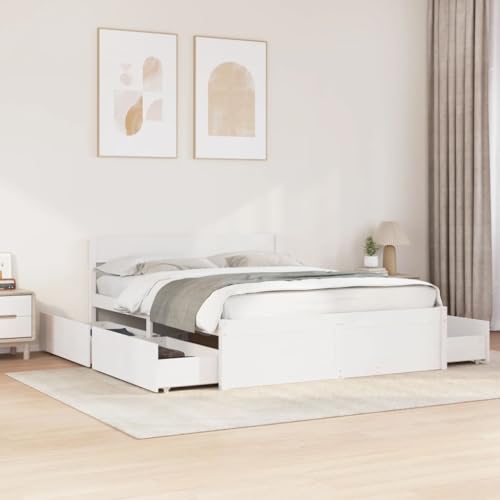 Teenpull Massivholzbett aus Kiefernholz, Weiß, 150x200 cm, mit 4 Stauraumschubladen und Kopfteil, Robustes Bettgestell für Schlafzimmer und Gästezimmer von Teenpull